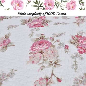 Cozy Line Home Fashions Romantic Pink Peony Floral 100% Cotton Reversible Quilt Bedding Set, Coverlet, Bedspread (Pink Peony, Queen - 3 Piece)