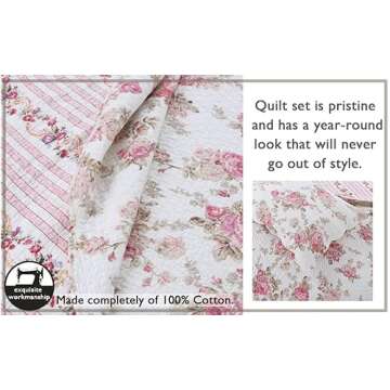 Cozy Line Home Fashions Romantic Pink Peony Floral 100% Cotton Reversible Quilt Bedding Set, Coverlet, Bedspread (Pink Peony, Queen - 3 Piece)