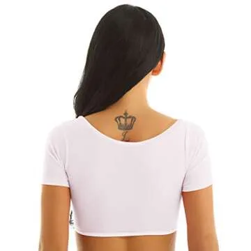 iEFiEL Women's Sheer Short Sleeve Dance Crop Top White