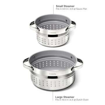 Caraway Steamer Duo - Stainless Steel Steamer with Handles - Non Stick, Non Toxic Coating - Steam Veggies, Seafood, and More - Compatible With Our Dutch Oven or Sauce Pan