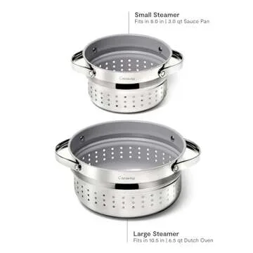 Caraway Steamer Duo - Stainless Steel Steamer with Handles - Non Stick, Non Toxic Coating - Steam Veggies, Seafood, and More - Compatible With Our Dutch Oven or Sauce Pan