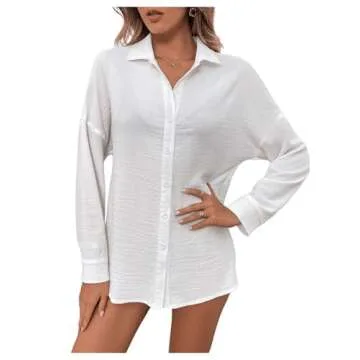 MakeMeChic Women's Oversized Button Down Shirts Collared Button Up Shirt Blouse Top White A M