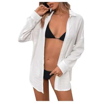 MakeMeChic Women's Oversized Button Down Shirts Collared Button Up Shirt Blouse Top White A M