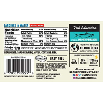 Season Sardines Wild Caught, No Salt Added, 22g Protein