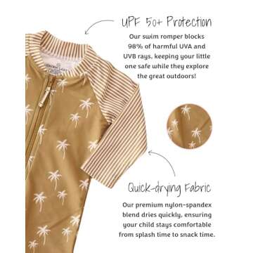 Caden Lane One Piece Long Sleeve Rash Guard Swimsuit, Quick-Drying Chlorine Resistant Swim Romper Shortie with Front Zipper, UPF 50+ Sun Protection Swimwear, Island Vibes, 2T