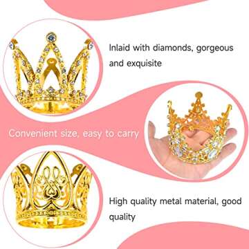 30 Pcs Crowns for Flower Bouquets Gold Crown Cake Topper Mini Crown for Flower Bouquet Accessories Birthday Crowns Cupcake Toppers for Bridal Wedding Baby Shower Party Cake Decor, 3 Style