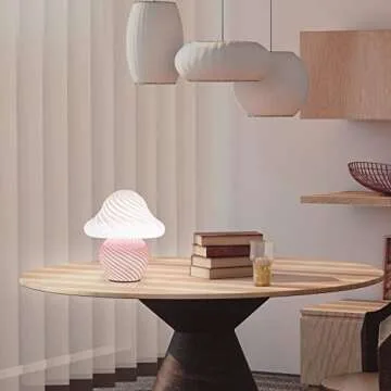 CometMars Mushroom Lamp, Small Pink Table Lamp with Striped Glass, Cute Little Swirl Nightstand Lamp for Bedroom, Bedside, Living Room, Gift for Girls Women Birthday Christmas Thanksgiving Day