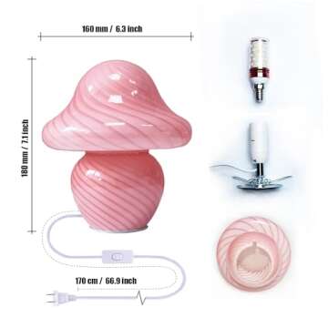 CometMars Mushroom Lamp, Small Pink Table Lamp with Striped Glass, Cute Little Swirl Nightstand Lamp for Bedroom, Bedside, Living Room, Gift for Girls Women Birthday Christmas Thanksgiving Day