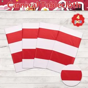 PIXHOTUL Carnival Table Cloths, Red and White Stripe Tablecloths, Red Plastic Table Cover, Circus Theme Party Decorations for Carnival, Movie Night, Kid's Birthday, Christmas (4, Red, 51'' x 108'')