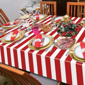PIXHOTUL Carnival Table Cloths, Red and White Stripe Tablecloths, Red Plastic Table Cover, Circus Theme Party Decorations for Carnival, Movie Night, Kid's Birthday, Christmas (4, Red, 51'' x 108'')