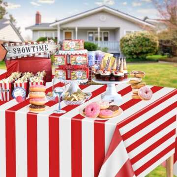 PIXHOTUL Carnival Table Cloths, Red and White Stripe Tablecloths, Red Plastic Table Cover, Circus Theme Party Decorations for Carnival, Movie Night, Kid's Birthday, Christmas (4, Red, 51'' x 108'')