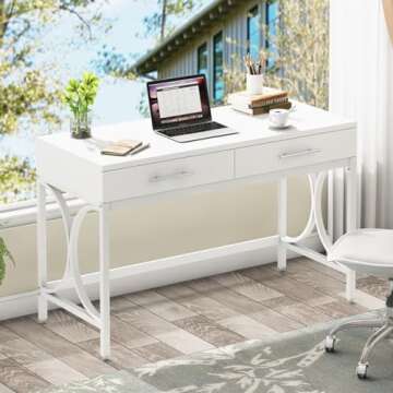 Tribesigns Modern Computer Desk with 2 Drawers, 41 Inches Study Writing Office Desk for Home Office, Bedroom, Makeup Vanity Table Desk with Gold Metal Frame
