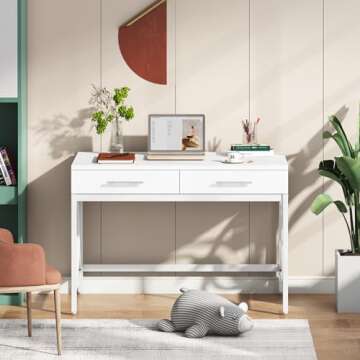 Tribesigns Modern Computer Desk with 2 Drawers, 41 Inches Study Writing Office Desk for Home Office, Bedroom, Makeup Vanity Table Desk with Gold Metal Frame