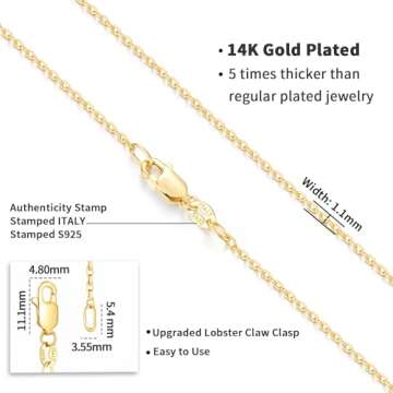 Jewlpire Italian 14K Real Over Gold Chain Necklace for Women, 1.1mm Cable Chain Necklace Gold Chain for Women Hypoallergenic & Comfortable Women's Chain Necklaces 18 Inch