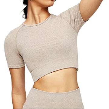 Jetjoy Short Sleeve Crop Tops for Women Workout Ribbed Seamless Athletic Gym Shirts (Khaki, X-Small-Small)