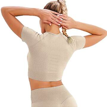 Jetjoy Short Sleeve Crop Tops for Women Workout Ribbed Seamless Athletic Gym Shirts (Khaki, X-Small-Small)