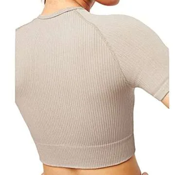 Jetjoy Short Sleeve Crop Tops for Women Workout Ribbed Seamless Athletic Gym Shirts (Khaki, X-Small-Small)