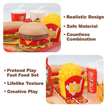 Sotodik Pretend Play Food Set for Children,Removable Fast Food Playset with Tray Hamburger Hotdog Fries Combo,Play Kitchen Accessories Role Play Toys,Christmas Birthday Gift for Kids Boys Girls(15PCS)