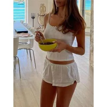 Yuemengxuan Women Two Piece Outfits Y2k Boy Shorts Set Sleeveless Crop Top Button Down Shorts Set Loungewear Pajamas Set (White #001, L)