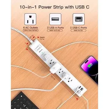 2 Pack Power Strip Surge Protector - 6 Outlets 4 USB Charging Ports, 5Ft Braided Extension Cord, Fla...