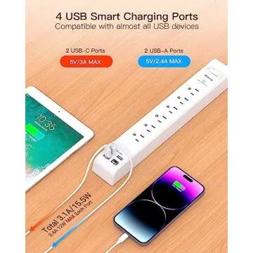 2 Pack Power Strip Surge Protector - 6 Outlets 4 USB Charging Ports, 5Ft Braided Extension Cord, Flat Plug, Overload Protection, Wall Mount for Home Office, Dorm Room Essentials White
