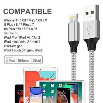 iPhone Charger WZK MFi Certified 5Pack 6FT Charger Cable Nylon Braided Extra Long High Speed Data Sync Transfer Lightning Cable Compatible iPhone 11/Pro/Xs Max/X/8/7/Plus/6S/6/SE2/5S and More - Sliver