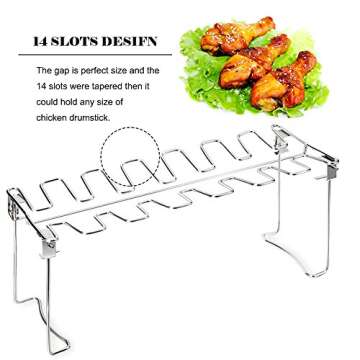 G.a HOMEFAVOR Chicken Leg Wing Rack 14 Slots Stainless Steel Metal Roaster Stand with Drip Tray for Smoker Grill or Oven, Dishwasher Safe, Non-Stick, Great for BBQ, Picnic
