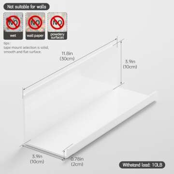 PAVSTINE Acrylic Wall Floating Shelves Set of 2, Wall Shelves White 12 Inch Adhesive Wall Organizer Adhesive Shelf for Bathroom, Kitchen, Bedroom, Office, Gaming Room, No Damage for Wall, No Drill