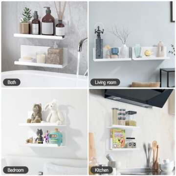 PAVSTINE Acrylic Wall Floating Shelves Set of 2, Wall Shelves White 12 Inch Adhesive Wall Organizer Adhesive Shelf for Bathroom, Kitchen, Bedroom, Office, Gaming Room, No Damage for Wall, No Drill