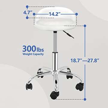 HomGarden Height Adjustable Rolling Swivel Salon Stool, PU Leather Hydraulic Ergonomic Chair with Backrest Wheels for Office Work Tattoo Massage Facial Spa Manicure Dentist Clinic, White