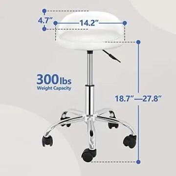 HomGarden Height Adjustable Rolling Swivel Salon Stool, PU Leather Hydraulic Ergonomic Chair with Backrest Wheels for Office Work Tattoo Massage Facial Spa Manicure Dentist Clinic, White