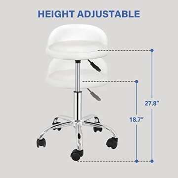 HomGarden Height Adjustable Rolling Swivel Salon Stool, PU Leather Hydraulic Ergonomic Chair with Backrest Wheels for Office Work Tattoo Massage Facial Spa Manicure Dentist Clinic, White