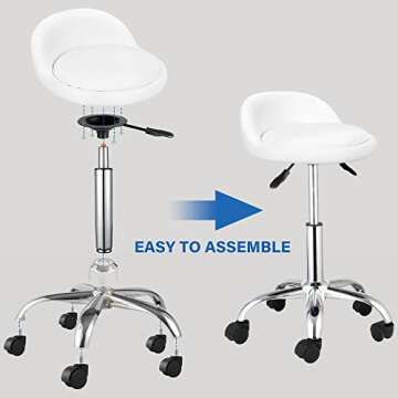 HomGarden Height Adjustable Rolling Swivel Salon Stool, PU Leather Hydraulic Ergonomic Chair with Backrest Wheels for Office Work Tattoo Massage Facial Spa Manicure Dentist Clinic, White