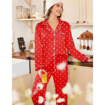 Ekouaer Womens Satin Pajama Set Classic Pattern Silky Pj Sets Button Down Sleepwear Loungewear,Small,Red Heart