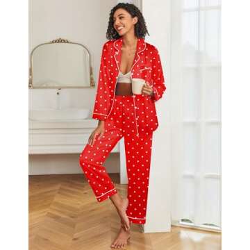 Ekouaer Womens Satin Pajama Set Classic Pattern Silky Pj Sets Button Down Sleepwear Loungewear,Small,Red Heart
