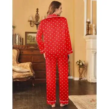 Ekouaer Womens Satin Pajama Set Classic Pattern Silky Pj Sets Button Down Sleepwear Loungewear,Small,Red Heart