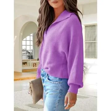 Mutitop Womens V Neck Oversized Sweater Collared Batwing Long Sleeve Ribbed Knit Pullover Casual Fall Chunky Sweater Top
