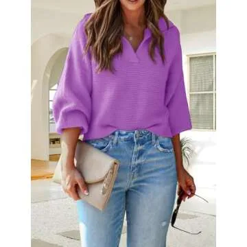 Mutitop Womens V Neck Oversized Sweater Collared Batwing Long Sleeve Ribbed Knit Pullover Casual Fall Chunky Sweater Top