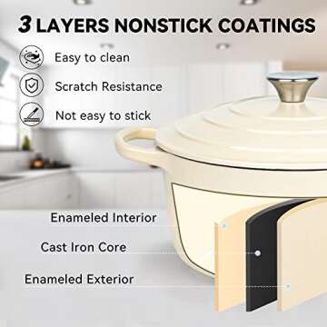 Miereirl 6 QT Enameled Dutch Oven Pot with Lid, Cast Iron Dutch Oven with Dual Handles for Bread Baking, Cooking, Non-stick Enamel Coated Cookware (Beige)