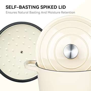 Miereirl 6 QT Enameled Dutch Oven Pot with Lid, Cast Iron Dutch Oven with Dual Handles for Bread Baking, Cooking, Non-stick Enamel Coated Cookware (Beige)