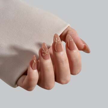 BTArtbox Press On Nails Almond - Press On nails with 3D Gold Lines Design, Medium Glue On Nails with...