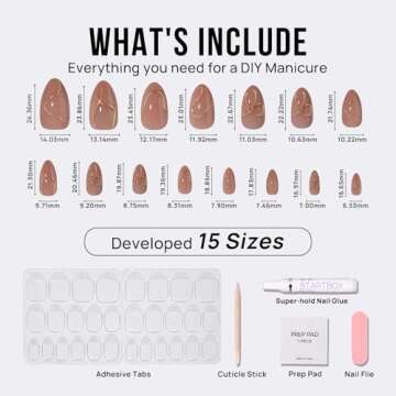 BTArtbox Press On Nails Almond - Press On nails with 3D Gold Lines Design, Medium Glue On Nails with Nail Glue, Gold Swirl Stick On Nails in 15 Sizes, Radiant Ribbons