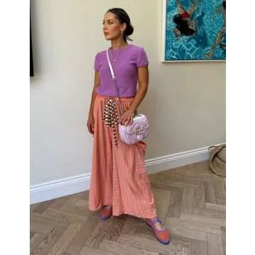 Bankeng Women Drawstring Striped Pants Loose Wide Leg Lounge Pants Casual Palazzo Pants Trousers with Pockets(Orange,S)