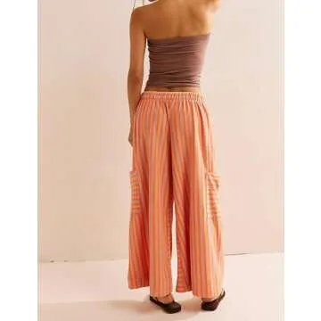 Bankeng Women Drawstring Striped Pants Loose Wide Leg Lounge Pants Casual Palazzo Pants Trousers with Pockets(Orange,S)