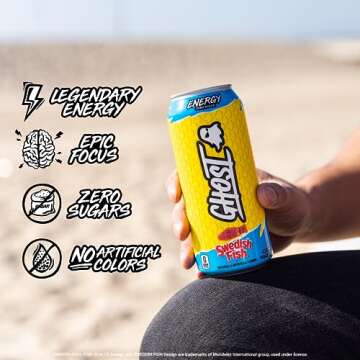 GHOST Energy Drink - 12-Pack, Swedish Fish, 16oz Cans - Energy & Focus & No Artificial Colors - 200mg of Natural Caffeine, L-Carnitine & Taurine - Gluten-Free & Vegan