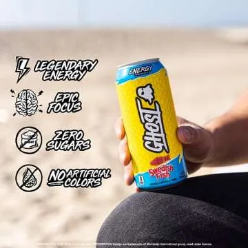 GHOST Energy Drink - 12-Pack, Swedish Fish, 16oz Cans - Energy & Focus & No Artificial Colors - 200mg of Natural Caffeine, L-Carnitine & Taurine - Gluten-Free & Vegan