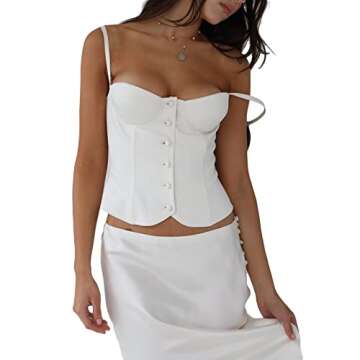 Women Elegant Spaghetti Strap Slim Camisoles Vintage Low Cut Tank Top Casual Backless Corset 90s E-Girls Streetwear (White, S)