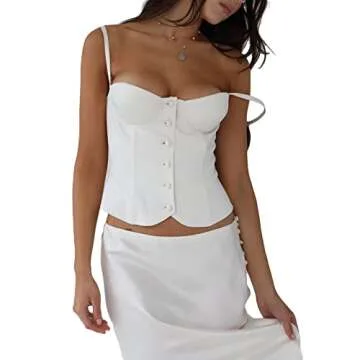 Women Elegant Spaghetti Strap Slim Camisoles Vintage Low Cut Tank Top Casual Backless Corset 90s E-Girls Streetwear (White, S)