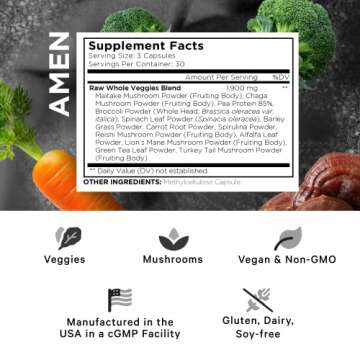 Amen Veggies, Daily Veggies Vitamins Supplement, Vegetables Vegan Blend & Whole-Food Raw Greens Mult...
