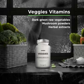 Amen Veggies, Daily Veggies Vitamins Supplement, Vegetables Vegan Blend & Whole-Food Raw Greens Multivitamin Capsules, Mushroom Complex, Superfood, Minerals, Green Vegetable Nutrients, Non-GMO, 90 ct